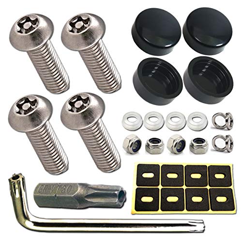 Aootf Anti Theft License Plate Screws- Rust Stainless Steel Plate Screw Resistant Security Tamper Resistant Machine License Plate Bolt License Plate Frame Fastener, Black Caps, Anti-Rattle Pad - color: 4PC Anti Theft-M-Black