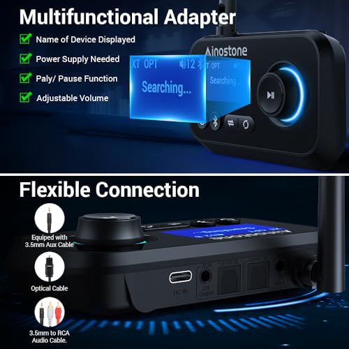 Bluetooth Transmitter Receiver 3-in-1 Bluetooth 5.3 Audio Adapter for 2 Headphones with Bypass Volume Control ON/Off Switch LCD Display 3.5mm Aux/Optical/RCA for Home Stereo TV Speaker PC - color: All Black