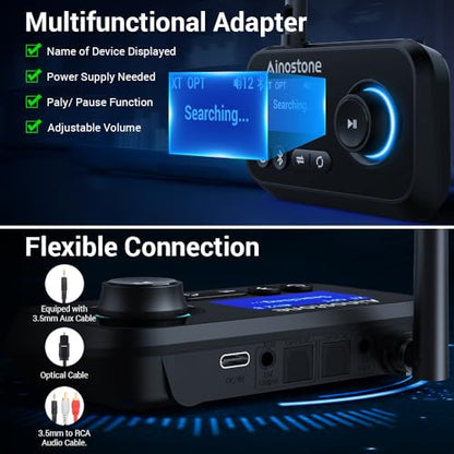 Bluetooth Transmitter Receiver 3-in-1 Bluetooth 5.3 Audio Adapter for 2 Headphones with Bypass Volume Control ON/Off Switch LCD Display 3.5mm Aux/Optical/RCA for Home Stereo TV Speaker PC - color: All Black