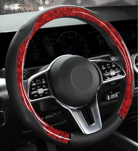 Peach Wood Grain Steering Wheel Cover Anti-Slip Breathable Durable Leather Four Seasons Universal 15 Inch Car Wrap Cover (Red) - color: Red