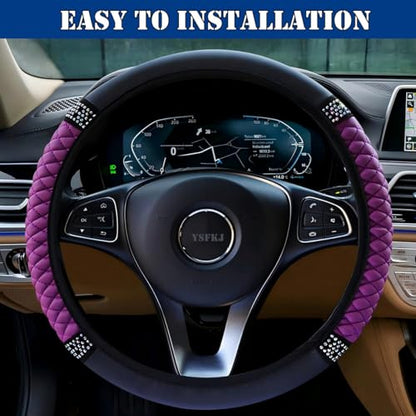 Soft Leather Car Steering Wheel Cover, Universal 15 Inch Colorful Rhinestones Anti-Slip Elastic Steering Wheel Covers for Most Cars, Sparkly Crystal Diamond for Women Girls (Purple) - color: Purple