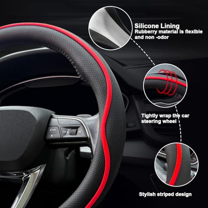HAOTULE Leather Steering Wheel Cover， with Anti-Slip Stripe Design - Enhanced Grip, Fashion Style, Safe, Non-Slip, Breathable. Upgrade car Interior，Black red - color: Black red