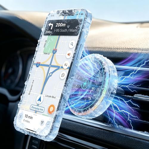 Wireless Car Charger with Semiconductor Cooling, Magnetic Phone Mount for iPhone 17/16/15/14/13 Series, 15W Fast Charging Car Holder with RGB Ambient Light, Auto-Aligning Vent Clip Mount