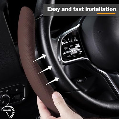 Car Steering Wheel Cover Leather Snap On 3Pcs Set Non-Slip Protector Wrap Steering Wheel Accessories 14.5-15 inch Universal Brown - color: Brown