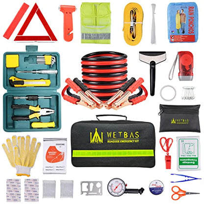 Car Roadside Emergency Kit, Auto Vehicle Safety Emergency Road Side Assistance Kits Essentials, with Jumper Cables, Safety Hammer, Reflective Warning Triangle