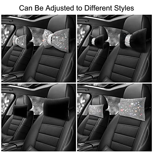 surpassme 2PCS Rhinestone Car Headrest Neck Pillow for Driving with Bling Bling Crystal Bow Pillow Car Accessories for Women (Silver/White) - color: 2 White Pillows