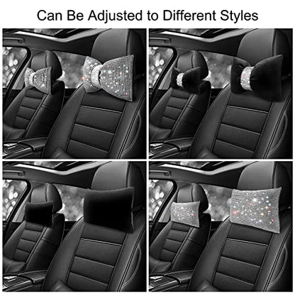 surpassme 2PCS Rhinestone Car Headrest Neck Pillow for Driving with Bling Bling Crystal Bow Pillow Car Accessories for Women (Silver/White) - color: 2 White Pillows