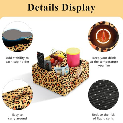 Luxspire Couch Cup Holder Tray, Couch Cup Holder Pillow with 4 Holes, Side Pocket and Handle, Couch Caddy Pillow for Phone/Drinks/Remote Control/Snacks, Leopard Print - color: Leopard Print