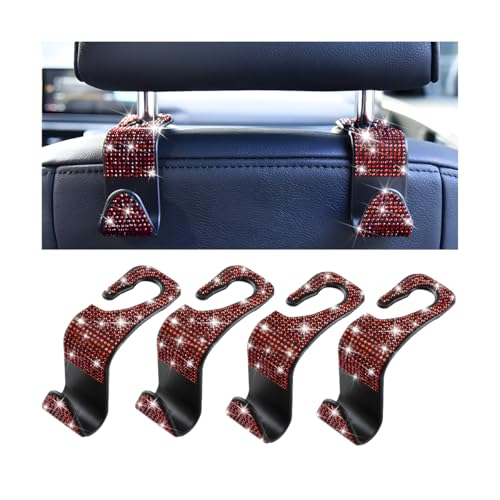 Mandark 4PCS Bling Car Seat Headrest Hooks, Crystal Rhinestone Vehicle Seat Back Hanger for Grocery Purses Handbags, Diamond Auto Seatback Storage Organizer Hanger, Universal for Most Cars (Red) - color: Red