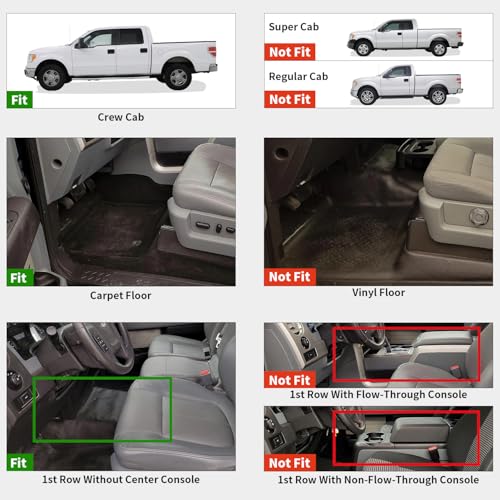 LASFIT Floor Mats for Ford F-150 2011-2014 SuperCrew 1st Row w/o Center Console Carpet Floor All Weather Protector Car Liners TPE Truck Mats, Front & Rear Rows, 3pcs Black - style: 1) F-150 SuperCrew| 11-14 | 2Rows w/o Center Console