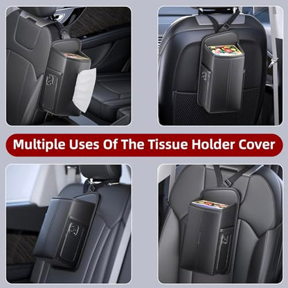 Car Tissue Holder for Front Seat, Headrest Organizer with 2 Side Mesh Pockets for Phones & Cards, L-Square Tissue Box Cover Holds 150 Tissues, Durable PU Leather