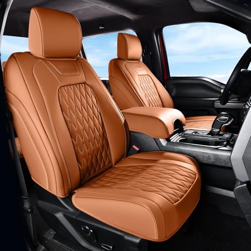 Coverado Premium Leather Front Seat Covers Waterproof Heavy-Duty Protectors Custom Fit for Ford F150 (2015-2026) F250/F350/F450 (2017-2026)-Orange, Stain-Resistant - color: Khaki, size: Front
