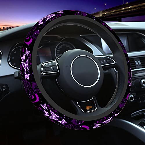 Swono Butterfly Purple Steering Wheel Cover for Men Women Abstract Purple Butterfly and Flower On The Black Universal 15 Inch Auto Neoprene Case Anti-Slip Car Wheel Protector - color: multi-049