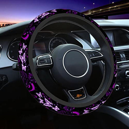 Swono Butterfly Purple Steering Wheel Cover for Men Women Abstract Purple Butterfly and Flower On The Black Universal 15 Inch Auto Neoprene Case Anti-Slip Car Wheel Protector - color: multi-049
