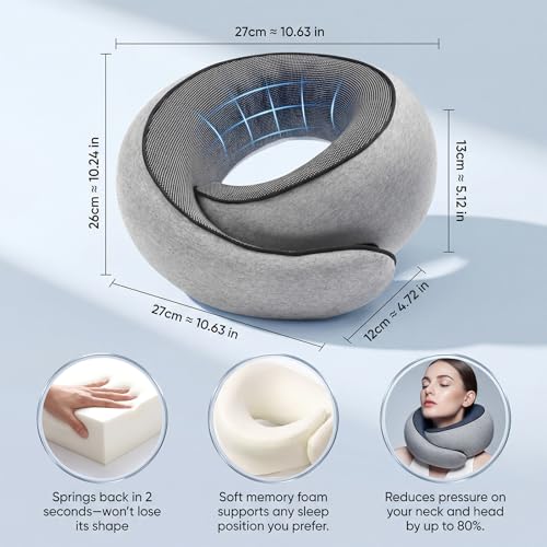 Memory Foam Neck Travel Pillow – 360° Adjustable Support, Breathable Washable Cover, Eye Mask & Earplugs, Carry Bag – Compact Airplane Pillow for Plane/Car/Train/Office (Grey)