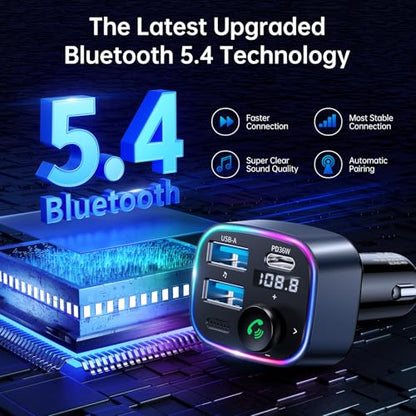 Syncwire Bluetooth 5.3 FM Transmitter Car Adapter 48W(PD 36W & 12W) [Light Switch] [Hi-Fi Deep Bass] [Fast Charging] Wireless Radio Music Adapter LED Display Hands-Free Calling Support USB Drive - color: Dark Blue, style: 48W