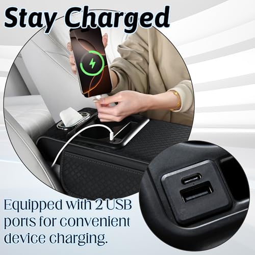 Car Armrest Box Mat - Multi-Functional Black Leather Center Console Cover Waterproof Height Enhancement Cushion with Storage Box Cup Tissue Phone Holder Card Pocket for Car Interior Accessory