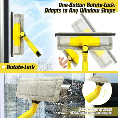 Window Squeegee with Extension Pole for Home, Professional Squeegee for Window Cleaning Tool Kit with Scrubber, 2 in 1 Rotatable Window Washing Kit for Car Glass Shower Indoor & Outdoor High Windows