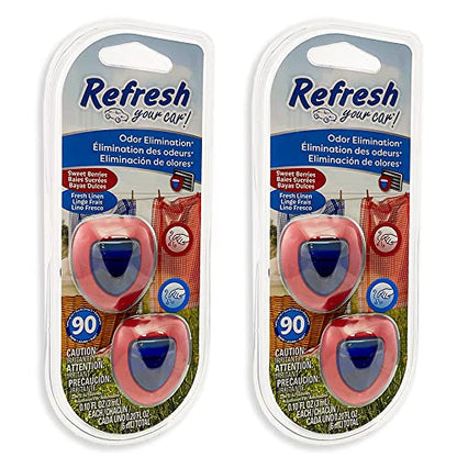 Refresh Car Air Freshener Vent Clip and Mini Car Oil Diffuser, Long-Lasting Odor Eliminator for Up to 90 Days, 2 Packs (Sweet Berries & Fresh Linen)
