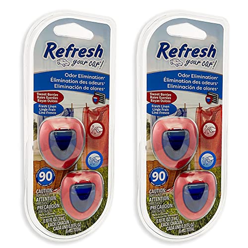 Refresh Car Air Freshener Vent Clip and Mini Car Oil Diffuser, Long-Lasting Odor Eliminator for Up to 90 Days, 2 Packs (Sweet Berries & Fresh Linen)