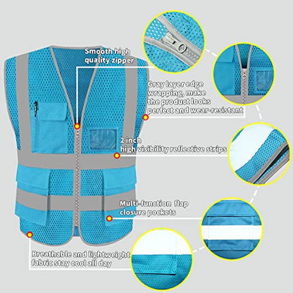 HYCOPROT High Visibility Mesh Safety Reflective Vest with Pockets and Zipper, Meets ANSI/ISEA Standards - color: Skyblue, size: Large