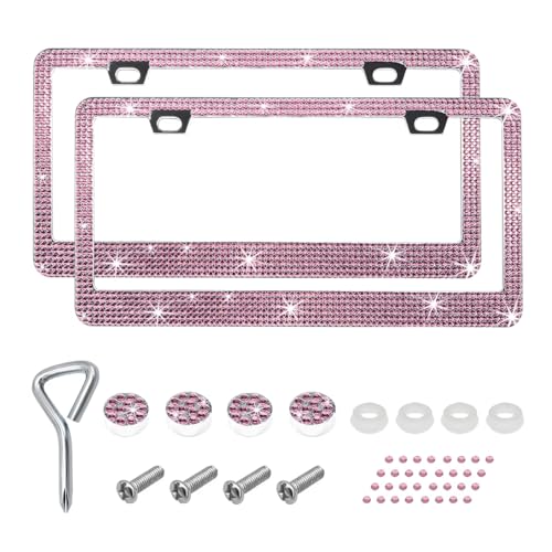 2 PCS Bling License Plate Frame, Stainless Steel Glitter Crystal Diamond License Plate Cover Holder, Sparkly Bedazzled Rhinestone Car Tag Covers for Women, Car Accessories (Light Pink) - color: Light Pink, size: 2PCS