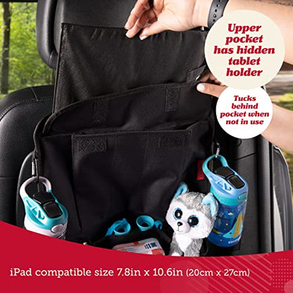 Lusso Gear Backseat Car Organizer- Kick Mat Protects Against Kids Feet - 12 Large Storage Pockets - iPad,Tablet, Water Bottle Holder- Durable, Heavy Duty Road Trip Essential (Black) - color: 1-Pack Black