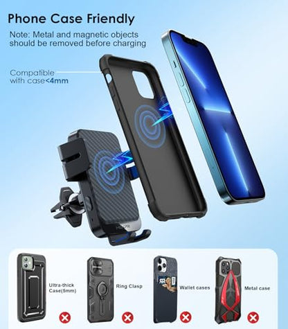 Wireless Car Charger, MOKPR 15W Fast Charging Auto-Clamping Phone Mount Air Vent Cell Phone Holder Compatible iPhone 15/14/13/13 Pro/12 pro/12/11/X/8, Compatible Galaxy S23/S22/S21/S20, etc Blue - color: Blue Arm