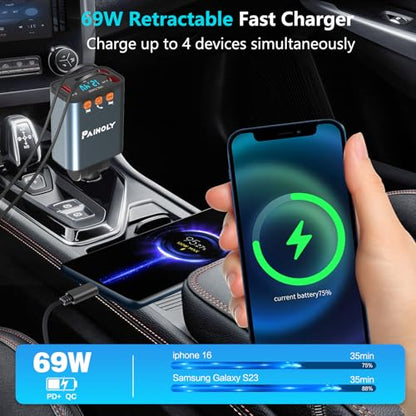 Bluetooth 5.3 Car Adapter, FM Transmitter Bluetooth Car Charger, 4 in 1 Retractable Car Charger, Phone USB C PD Fast Charging Adapter for RV SUV Truck, Fit iPhone 17/16/15/14 (Type C & Lightning)