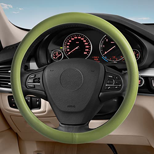 Car Steering Wheel Cover,Universal 15 Inch Premium Leather Car Steering Wheel Cover,Best Grip,Perforated Design,Breathable,Non-Slip,Sweat-Absorbent,Warm in Winter and Cool in Summer (Green) - color: Green