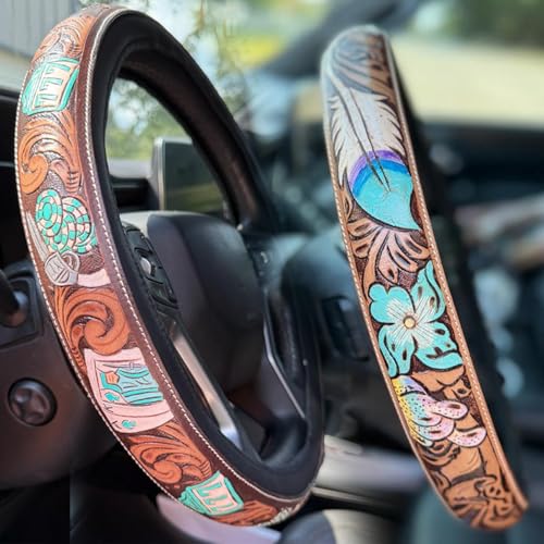 Western Cowboy Steering Wheel Cover Leather, Retro Car Tooled Leather Steering Wheel Cover, Embossed Hand-Painted Universal Anti-Slip - color: G Color