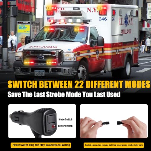 2X Strobe Lights: 6.1 inch Amber & Red Police Lights, 12 LED Emergency Hazard Warning Splitter, Front/Rear, Fire Trucks & Car - color: Amber/Red