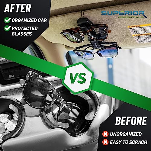 Superior Essentials Sunglass Holder for Car Visor - Eyeglass Car Mount with Double-Ends Sunglasses Holder Organizer, Universal Car Sunglass Holder Clip, Suitable for All Size Eyeglasses (2 Pack Black - size: 2 PC