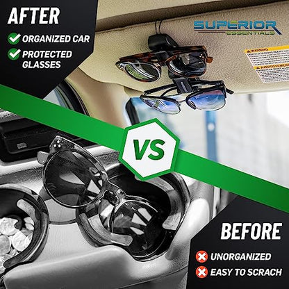Superior Essentials Sunglass Holder for Car Visor - Eyeglass Car Mount with Double-Ends Sunglasses Holder Organizer, Universal Car Sunglass Holder Clip, Suitable for All Size Eyeglasses (2 Pack Black - size: 2 PC