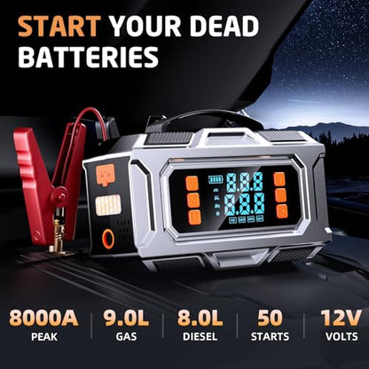 Jump Starter with Air Compressor, 8000A Car Battery Jump Starter (9.0 Gas/8.0L Diesel), 180PSI Car Battery Jumper Starter Portable 12V Jump Box with Jumper Cables, LED Light, Power Bank, LCD Display