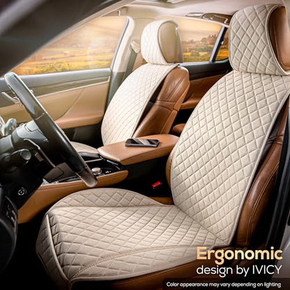 IVICY Faux Linen Front Car Seat Cover – Durable, Non-Slip Seat Protector for Cars – 1 Unit, Light Beige - color: BEIGE HYB LN