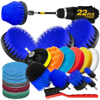 Holikme 22Pack Drill Brush Attachments Set, Scrub Pads & Sponge, Buffing Pads, Power Scrubber Brush, Car Polishing Pad Kit,Wax Applicator Pad,Car Cleaning Kit,Cleaning Supplies,Masonry Brushes(Blue) - color: Blue