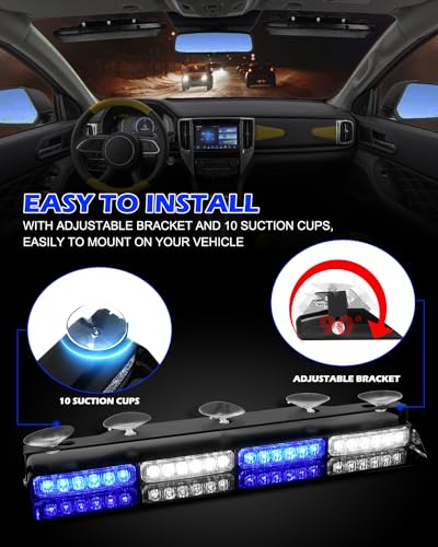 HLauto 604N Emergency Dash Strobe Lights: 2x16.8 inch Blue White Security Light w/Take Down, 48 LED Safety Flashing Warning Hazard Interior Windshield Light Bar for Trucks Vehicles - color: #07 Blue / White