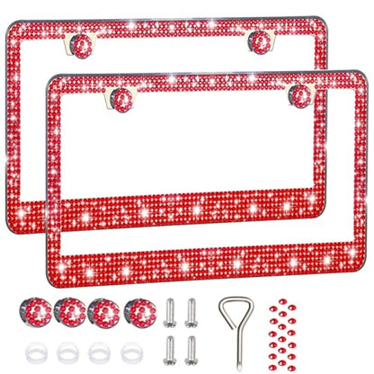 2 Pack License Plate Frames for Women, Sparkly Rhinestone Diamond Car Accessories with Glitter Crystal Caps (Red(2PCS)) - color: Red(2PCS)