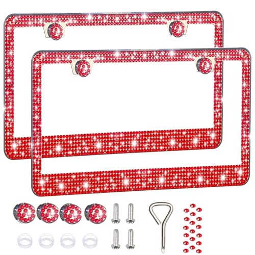 2 Pack License Plate Frames for Women, Sparkly Rhinestone Diamond Car Accessories with Glitter Crystal Caps (Red(2PCS)) - color: Red(2PCS)