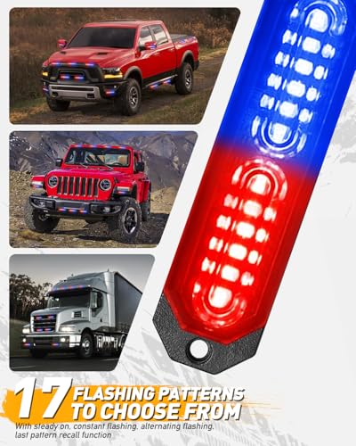 HLauto 1200T Emergency Strobe Grille Lights: 8pcs 12 LED Sync Feature Safety Warning Flashing Lights, Ultra Slim Surface Mount Hazard Caution Lights for Trucks, Vehicles, Car, ATV, UTV (Red Blue) - color: Red/Blue