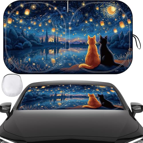 Windshield Sun Shade, Car Sun Shade Windshield, Reflector Sunshade Offers Ultimate Protection for Car Interior, Reflective Polyester Blocks Heat for Sedans, Mini SUVs, Hatchbacks - 57 x 31.5 inches - color: Cat - Starry Sky, 57''x31.5''