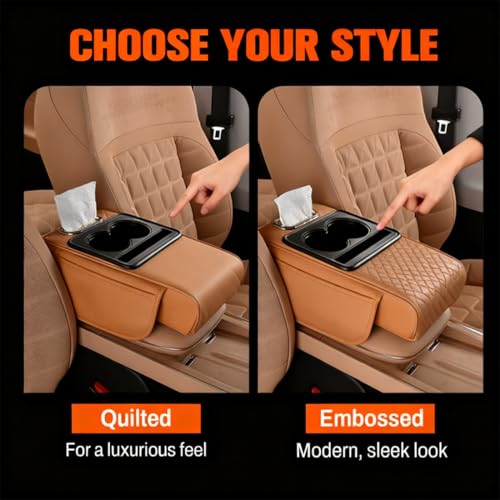 Multifunctional Pu Leather Car Armrest Box Mat, 2026 New Center Console Cover with Cup Holder, Storage Bags, Tissue Boxs Slot, Phone Slot Car Armrest Storage Box Organizer for Most Cars