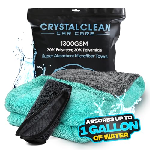 Crystal Clean 1300GSM Microfiber Towels for Cars – XL Drying Towel with Double Twisted Loop, Professional Detailing Towel Car Detailers - Quick Dry, Paint Safe & Swirl-Free (Grey+Green) - color: Grey+green