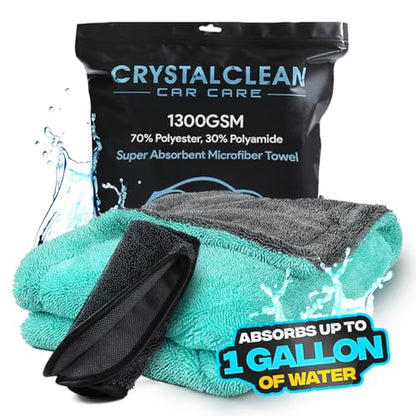 Crystal Clean 1300GSM Microfiber Towels for Cars – XL Drying Towel with Double Twisted Loop, Professional Detailing Towel Car Detailers - Quick Dry, Paint Safe & Swirl-Free (Grey+Green) - color: Grey+green