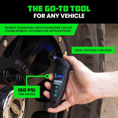 Rhino USA Digital Tire Pressure Gauge 150 PSI, 4 Ranges, Ergonomic Design w/Lighted Nozzle & LCD Backlit Display - Certified Accurate Readings, Best Digital Gage (Black) - color: Black