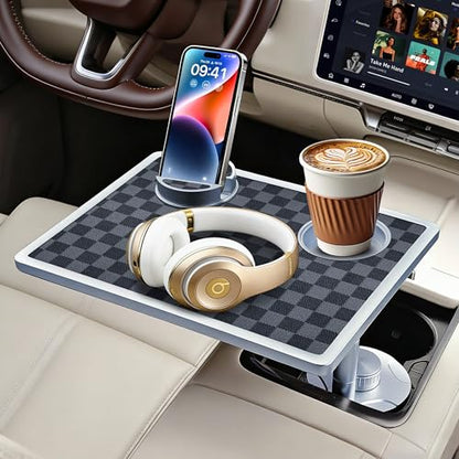 Car Food Tray & Car Table Tray with Car-Grade Aluminum Cup Holder & Phone Stand,360° Rotating Car Desk for Laptop & Eating, Compatible with Tesla Model Y/3/S, Best Fit Round Cup Holder (2.28" - 3.66") - color: 𝗦𝗾𝘂𝗮𝗿𝗲 · Grey&Black