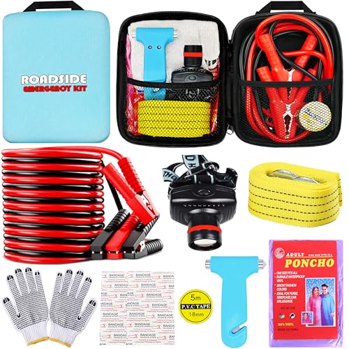 Car Roadside Emergency Kit, with Jumper Cables Automotive Kit,Car Safety Roadside Assistance Kit Headlamp,Tow Straps, Safety Hammers, Rainwear, Gloves.Black - color: Light Blue