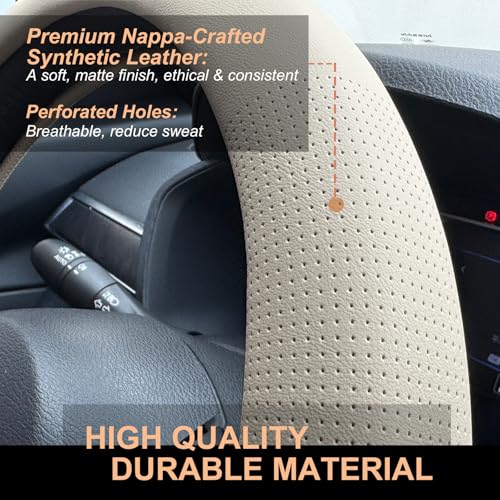 PINCTROT D Shaped Nappa Leather Steering Wheel Cover, Slim Fit No Bulk Design, One Piece Leather with Breathable Perforation, Fit Like Gloves, Flat Bottom 14.5-15 Inch(Nappa Beige) - color: 06.Beige, size: D Shaped/Flat Bottom[14 1/2''-15'']