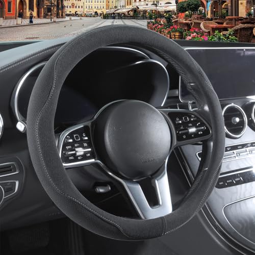 Gray Faux Suede Steering Wheel Cover, Breathable Non-Slip Sweat-Proof Wear-Resistant No Pilling, Warm in Winter and Cool in Summer, Universal 15 inch - color: Gray, size: Round-M[14.5''-15'']